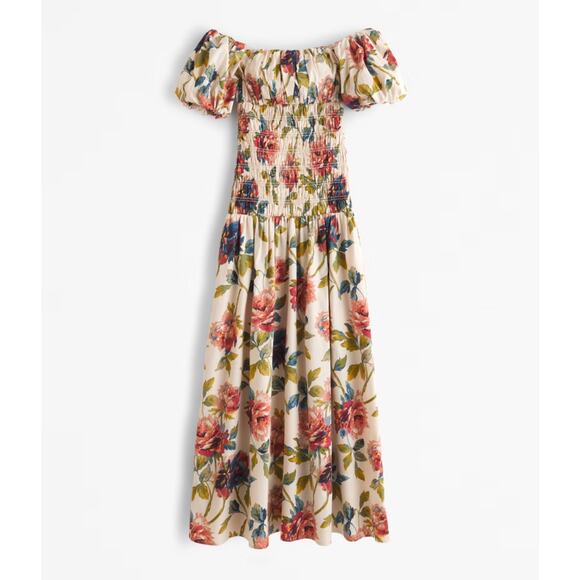 Abercrombie & Fitch Smocked Drop-Waist Puff Sleeve Floral Maxi Dress Size MP - Picture 4 of 12
